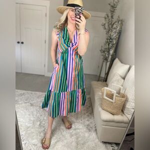 Striped Knot-Front Midi Dress in Green Multi Stripe